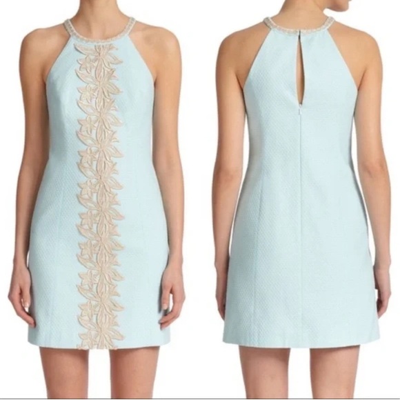 Lilly Pulitzer Dresses & Skirts - Lily Pulitzer Pearl Whisper Blue Gold Embroidered Shift Dress EUC Size 2